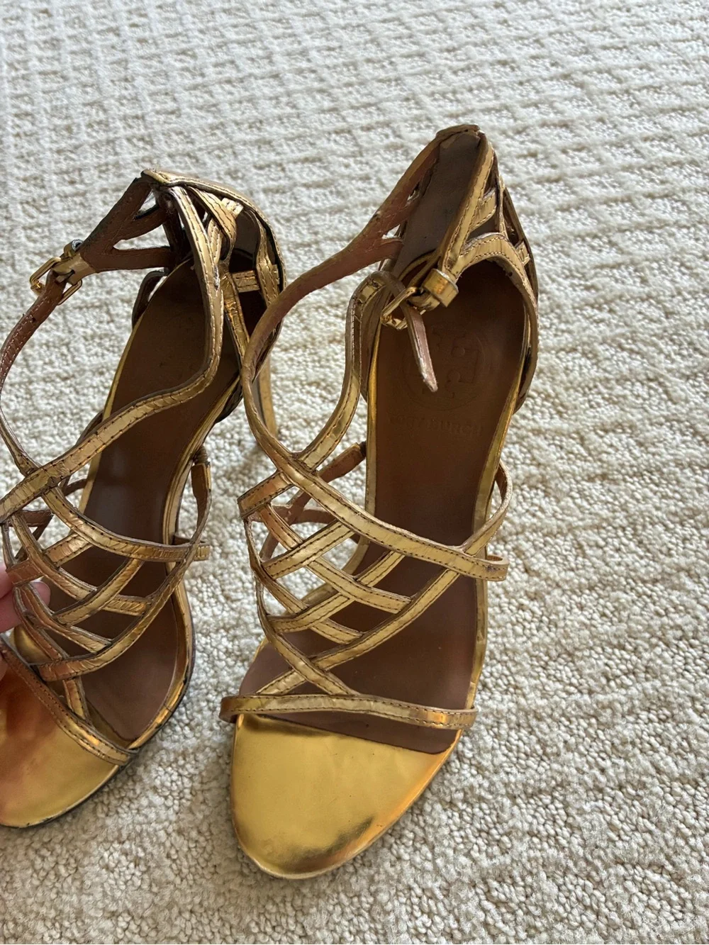 Tory Burch Amalie Gold Leather Cage Heel